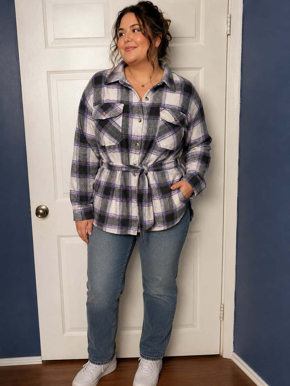 Terra & Sky Women's Plus Size Belted Plaid Flannel Shacket